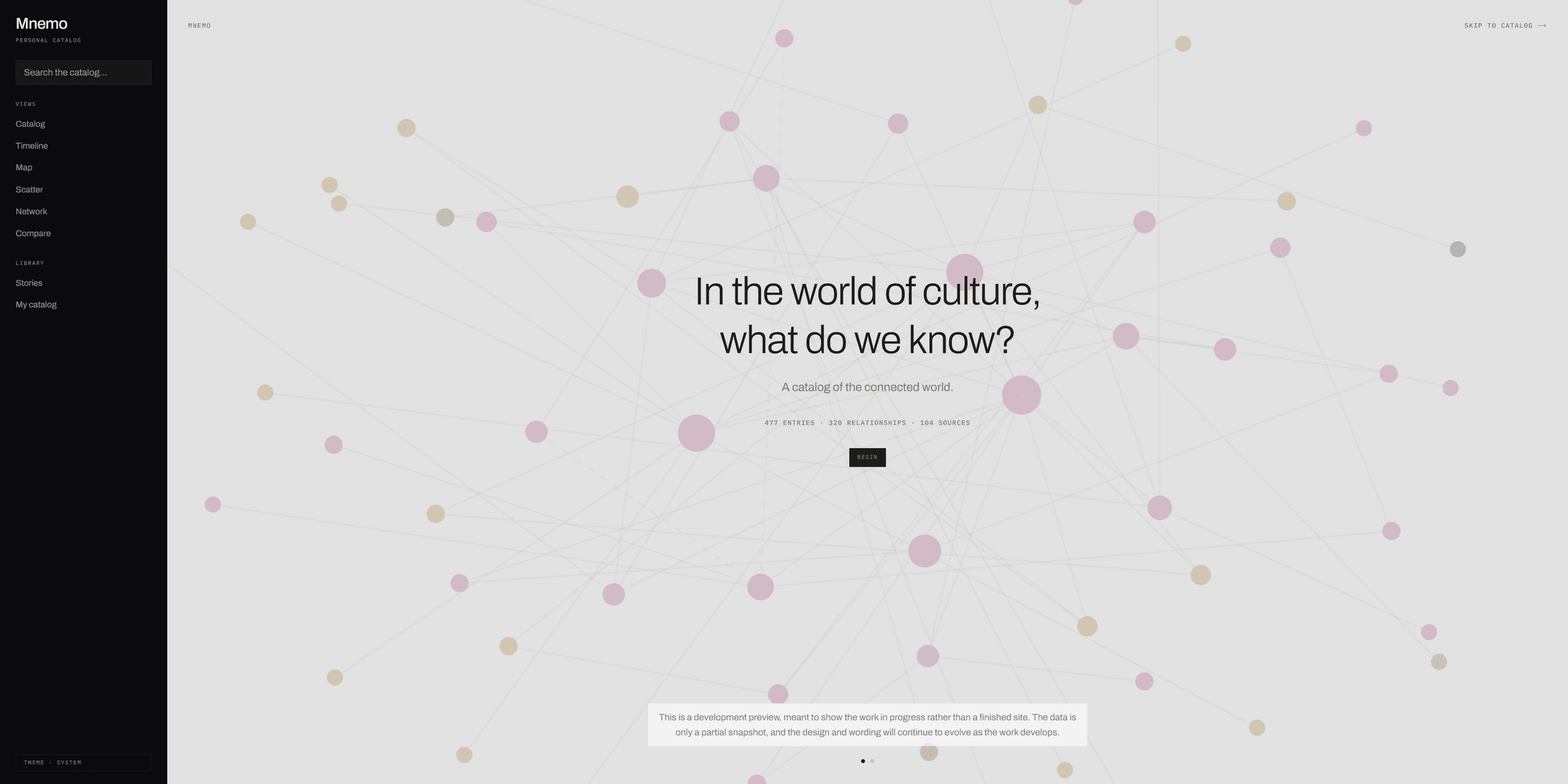 The welcome screen: 477 entries, 320 relationships and 104 sources behind one question.