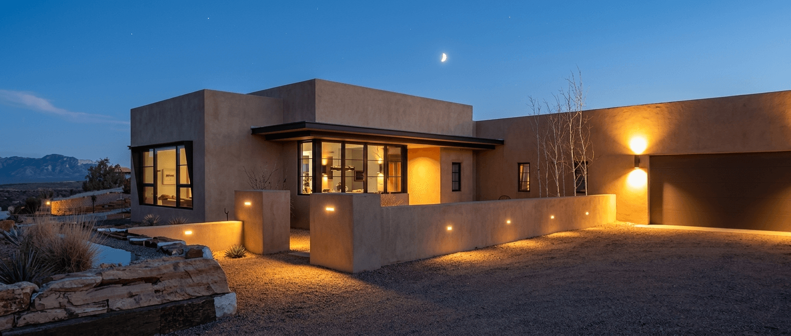 Exterior: the house against the Santa Fe foothills.