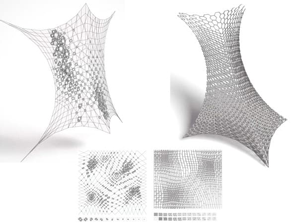 Clusters of wind screens hang in different arrangements on the cable structure.