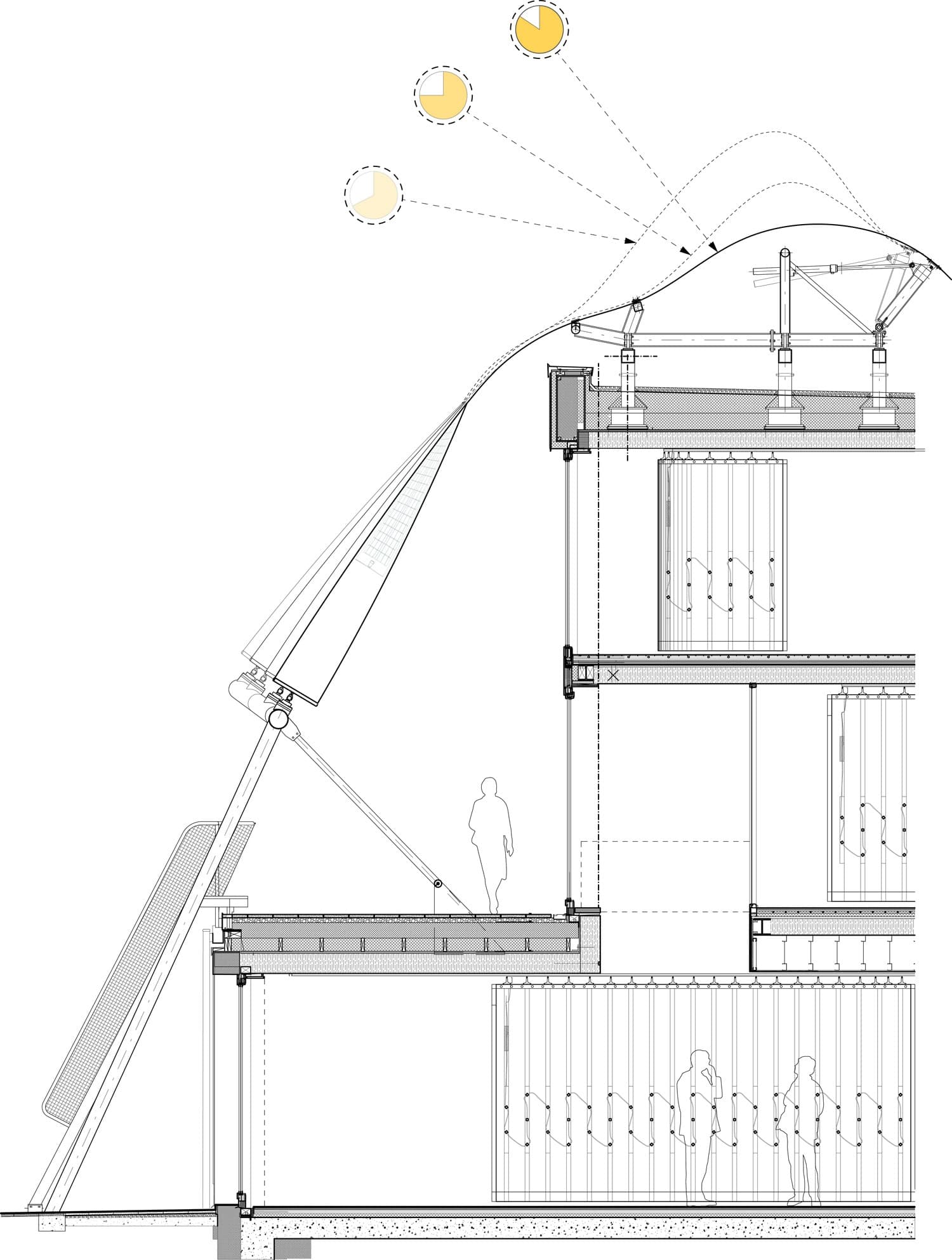 Section through the house: the solar textile cladding and the curtains on each level.