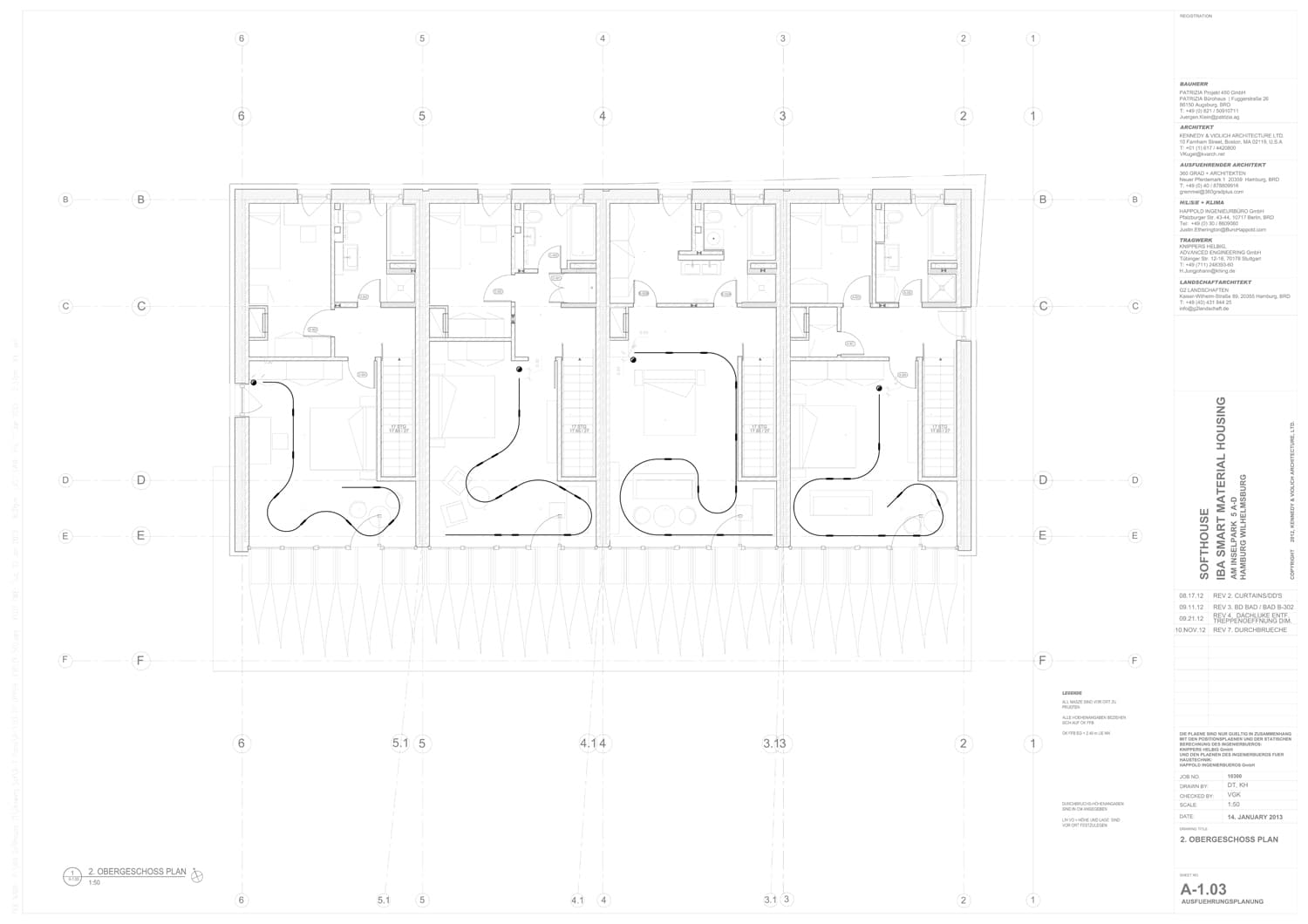 Upper level plan: the curtain track in each of the four units.