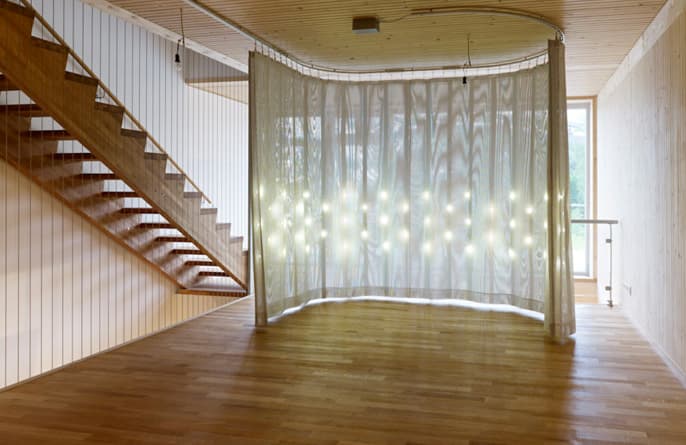 Middle level: the curtain positioned in the center of the room.