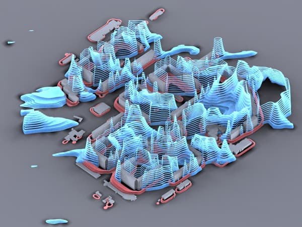 An analytical model shows various wind speeds in a Plattenbau housing complex.