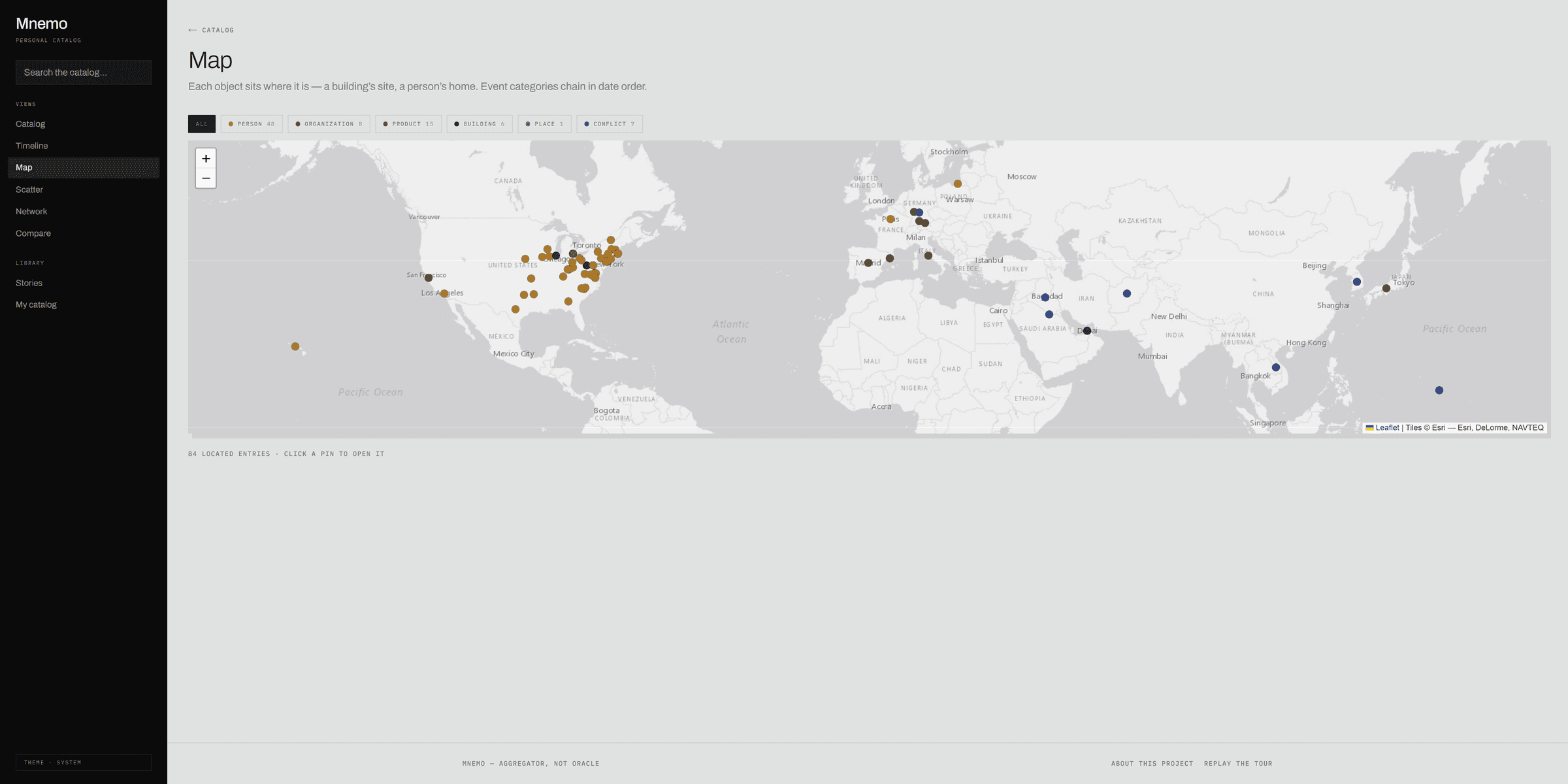 Map: 84 located entries, each pinned where it sits.