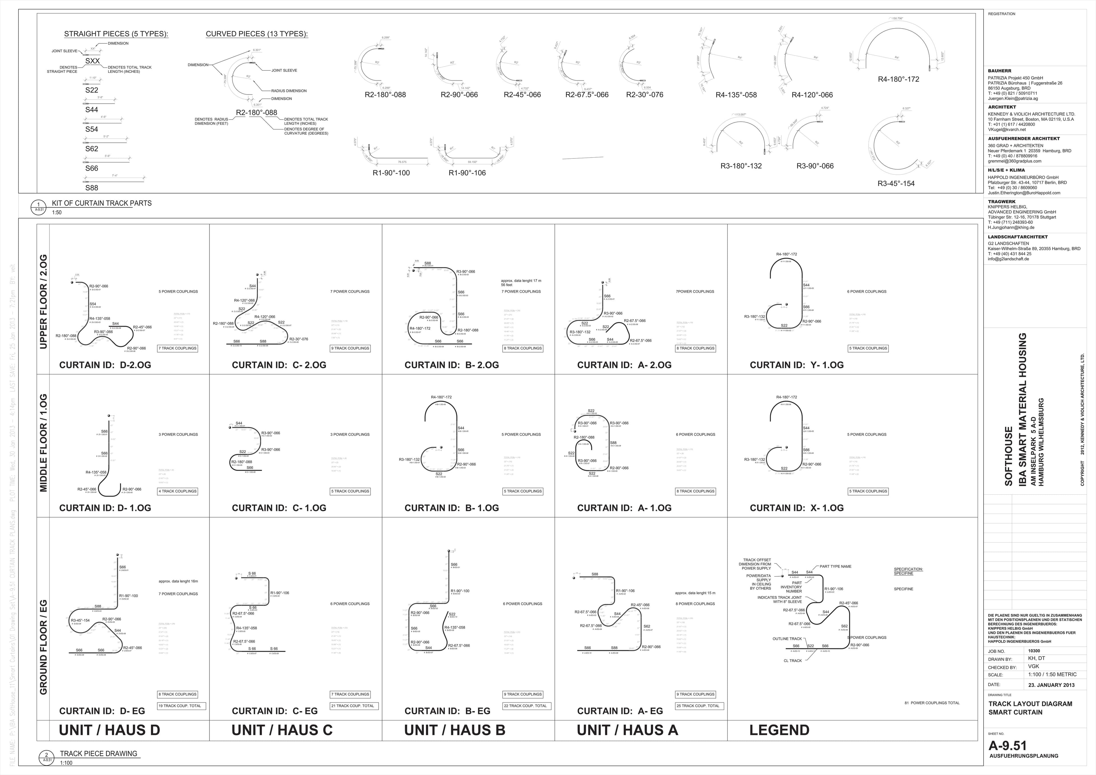 Kit of curtain track parts: 5 straight and 13 curved pieces, and the track layout for each curtain.
