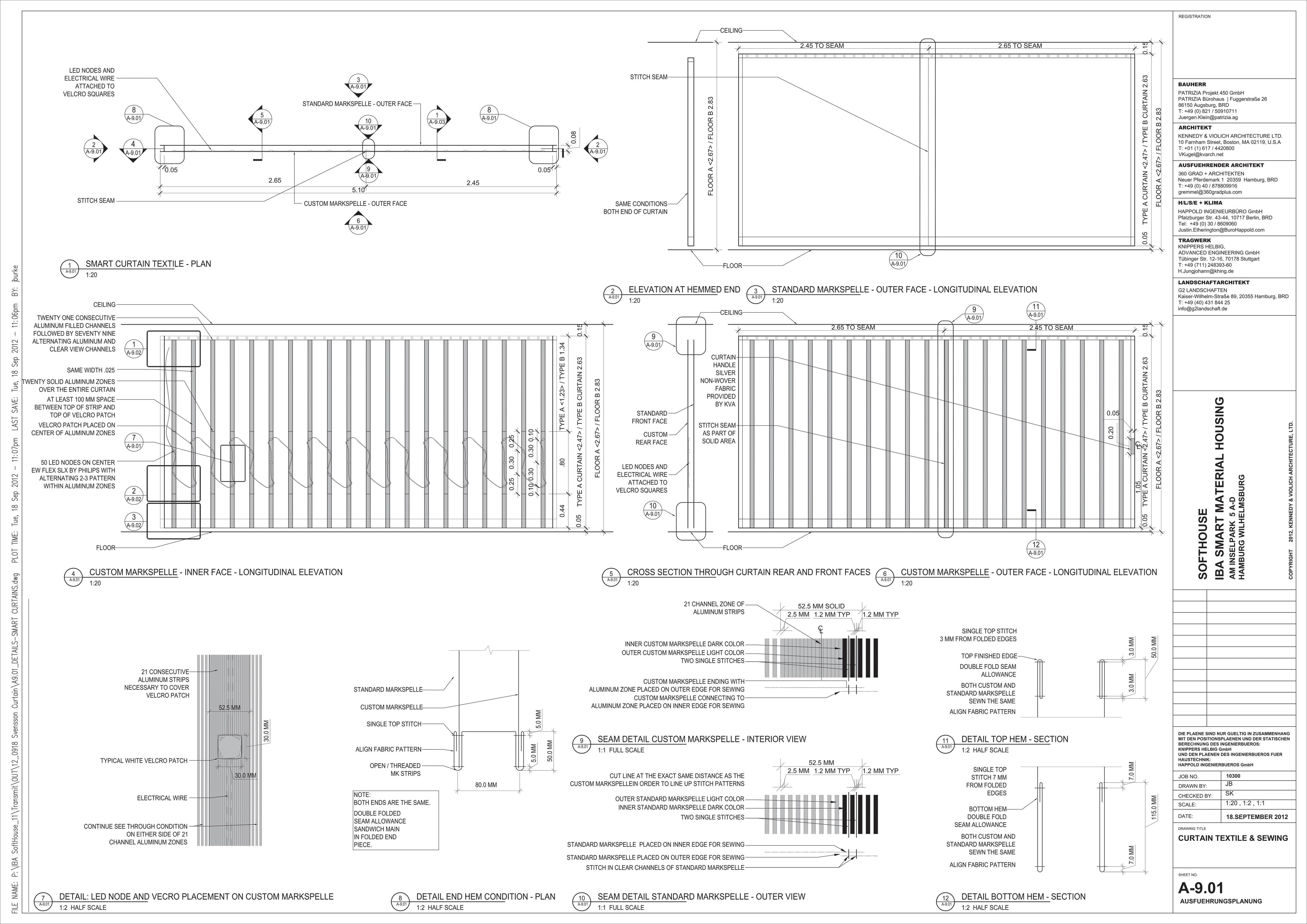 Curtain textile and sewing details: LED nodes and wiring placed between the layers of fabric.
