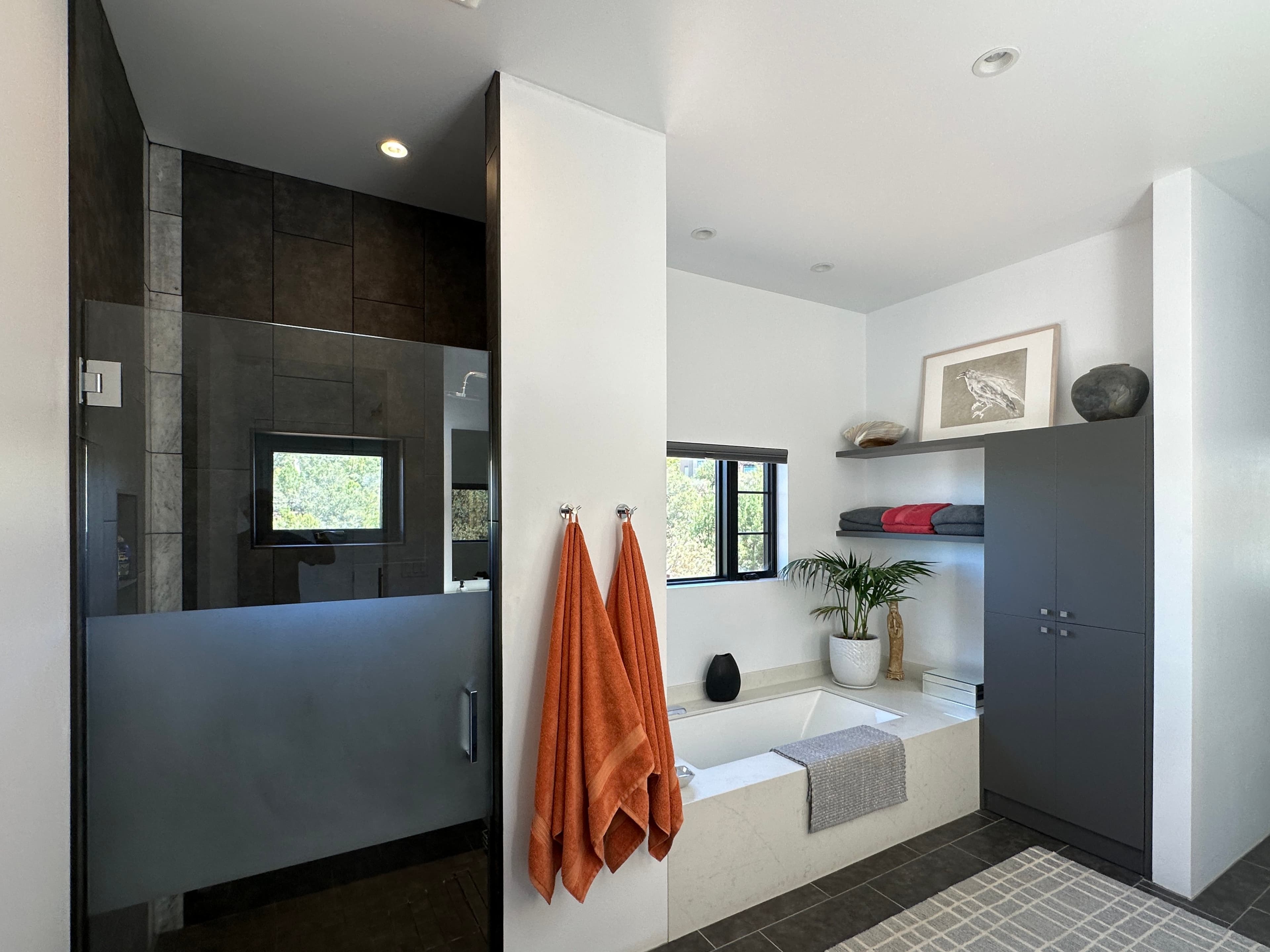 Master bath: glass shower, soaking tub, and built-in storage.
