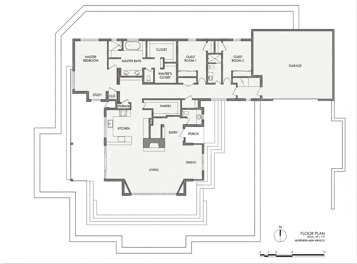 Floor plan: the northern bar and the southern living square.