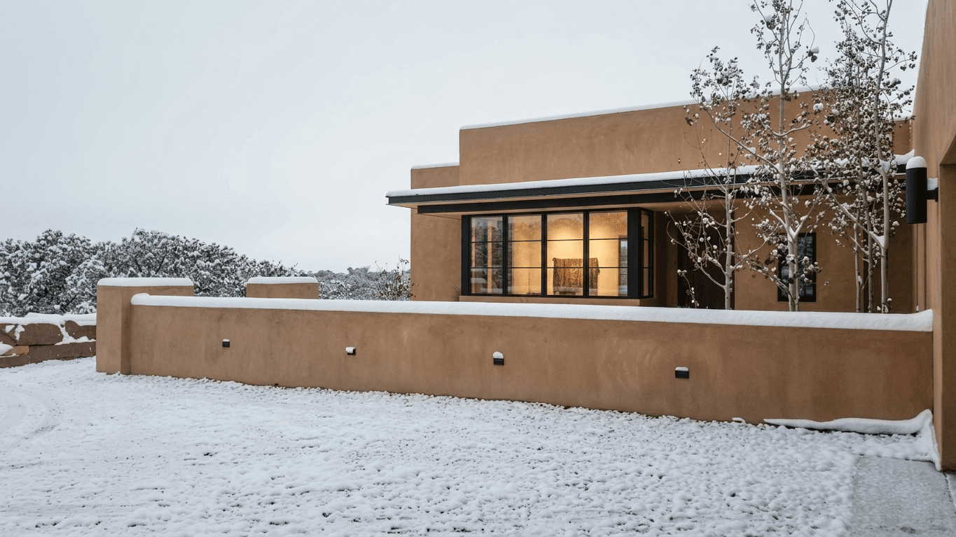 The house in snow, interior light through the south glazing.
