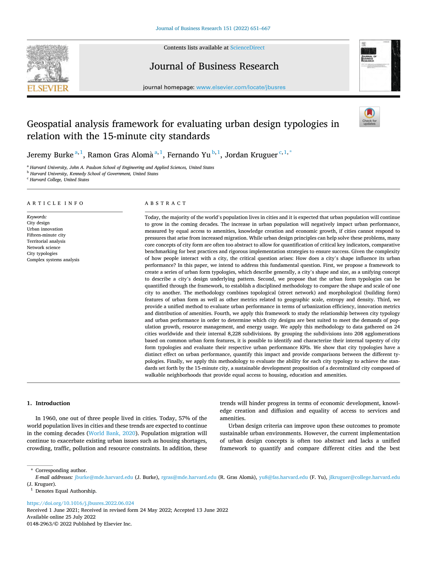 Cover of Geospatial analysis framework for evaluating urban design typologies in relation with the 15-minute city standards
