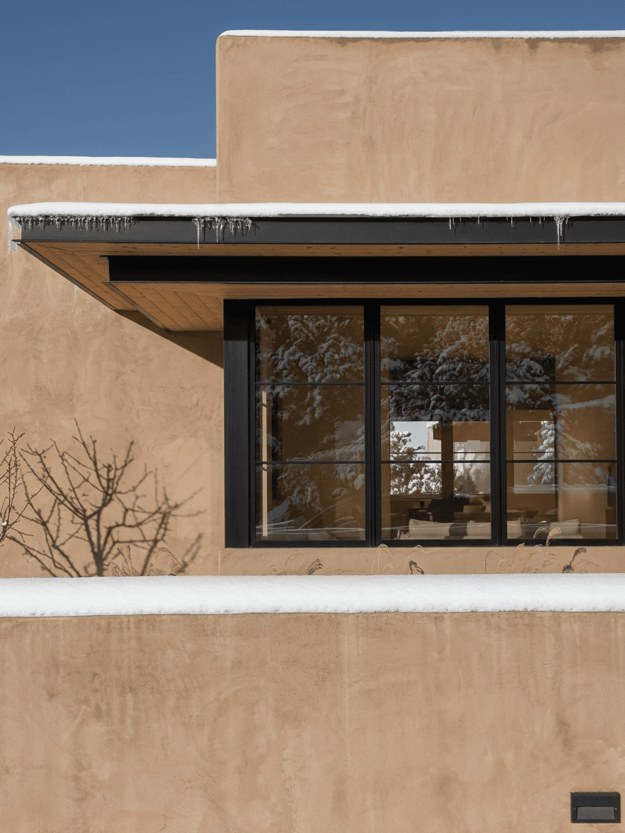 Roof edge in winter: the cantilever cut back over a wood soffit.