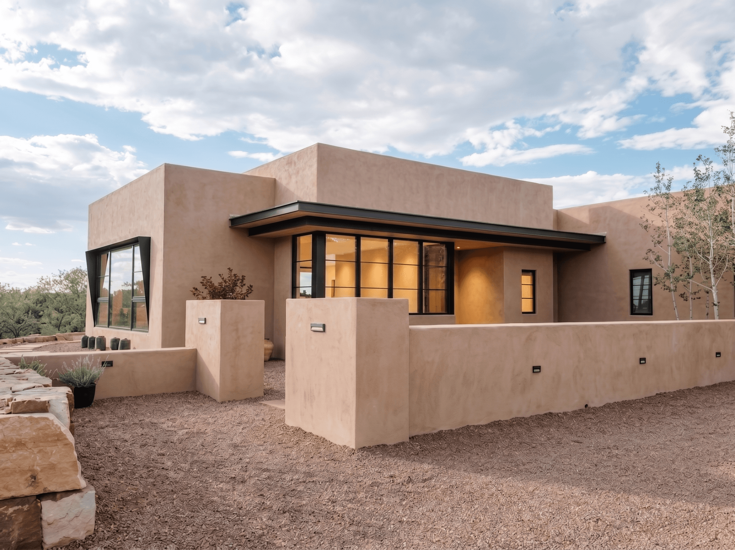 Entry elevation at dusk, full-height glazing behind the courtyard wall.