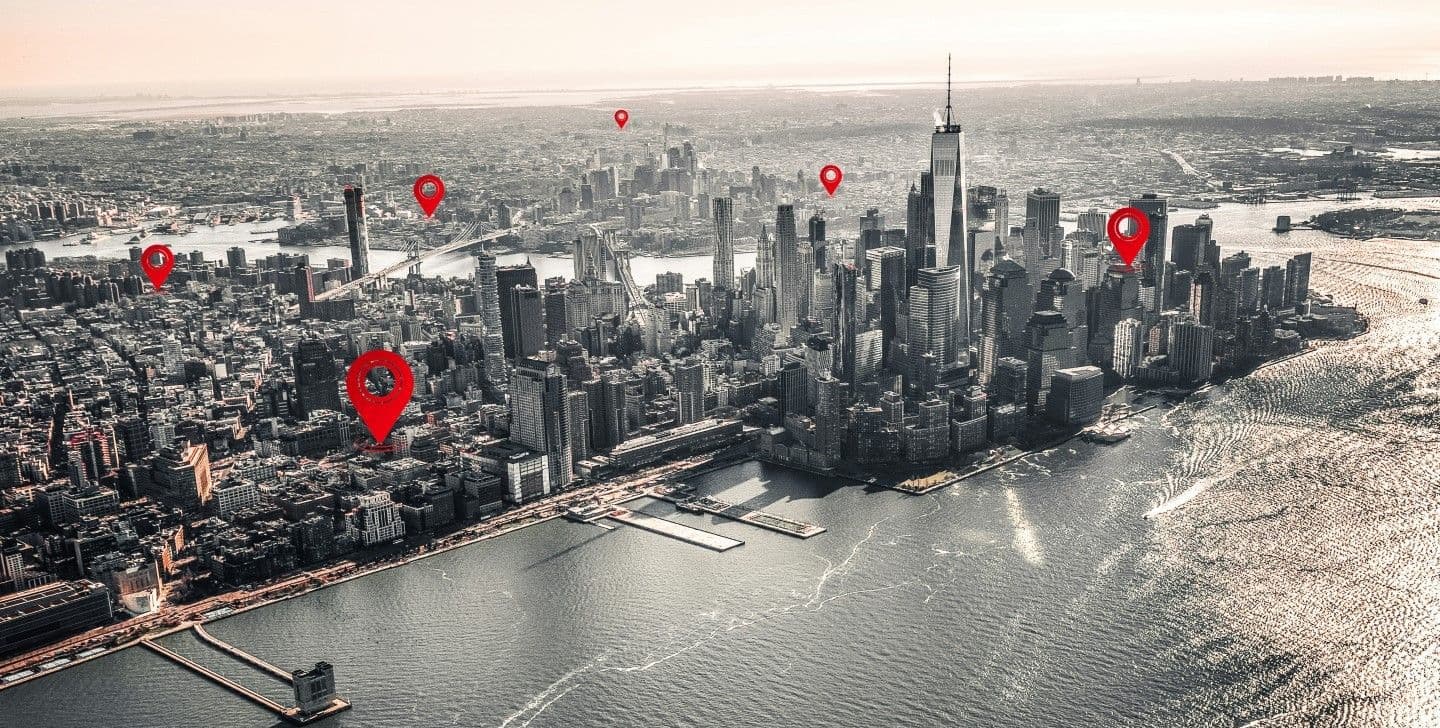 Aerial view of Lower Manhattan marked with location pins